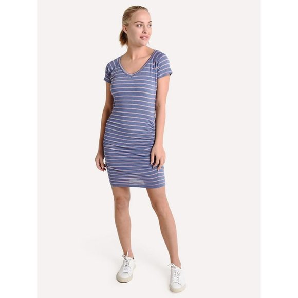 Anthropologie Sundry Striped V Neck Ruched Dress - Picture 1 of 11